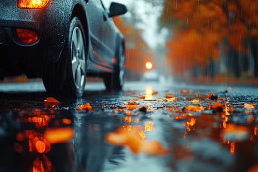 Cautious drive: vehicle carefully maneuvers on a slick road, illustrating the significance of maintaining control and awareness in adverse weather conditions to ensure safety and prevent accidents