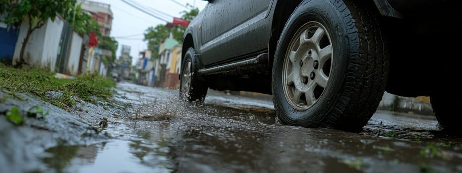 Safe journey: vehicle cautiously navigating a damp roadway, emphasizing the importance of driving safety and vehicle control on slippery surfaces while adapting to challenging wet road conditions