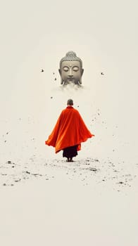 Buddhist monk wearing an orange kasaya walking on a stone surface towards a giant buddha head