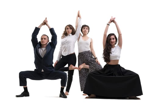 People wearing office clothes doing yoga shot isolated on white
