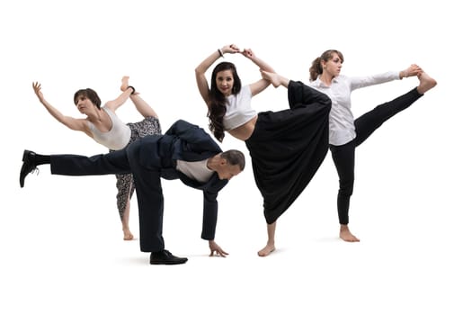 A man and women wearing office clothes doing yoga isolated on white