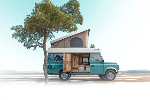 4x4 offroad vehicle is parked on a white background with a rooftop tent deployed. The modern camper van is parked near a tree