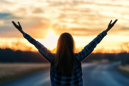 happy woman enjoying freedom with open hands , Generative AI.