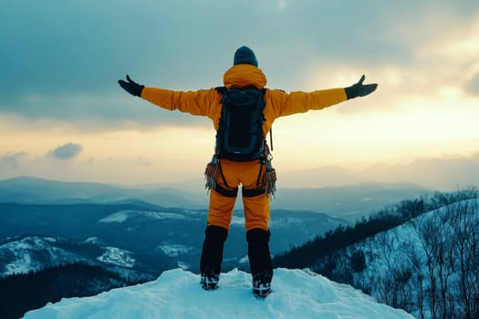 happy man with mountain climber clothes standing on the mountain top in snow..