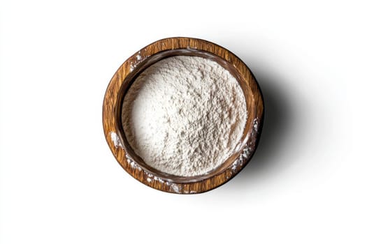photography food ingredients, top view White flour in a wooden bowl. Isolated white background --ar 3:2 --v 6.1 Job ID: c0237bec-717b-41d7-a483-6553ebbe0003