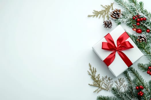 A white box gift on it is sitting on a background with pine needles and a Christmas tree ornament.