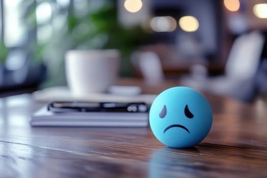 a sad face on blue bubble on office table top view, blue Monday concept..