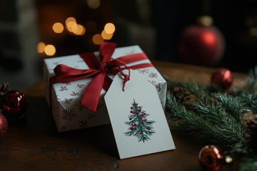 A white box gift with a tag on it is sitting on a table with pine needles and a Christmas tree ornament.