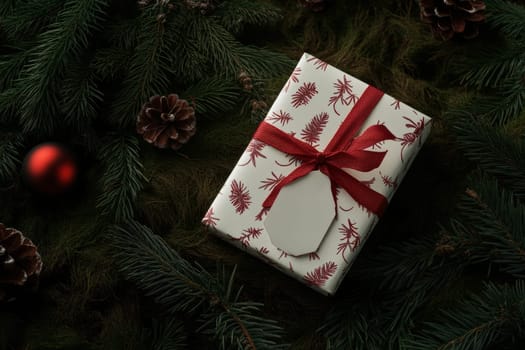 A white box gift with a tag on it is sitting on a table with pine needles and a Christmas tree ornament.