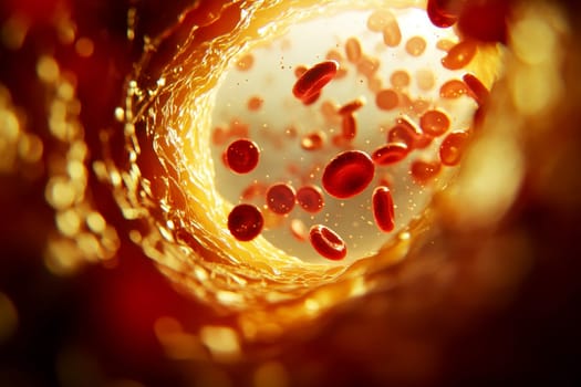 Clogged artery and atherosclerosis disease medical concept with a three dimensional human artery with blood cells that is blocked by plaque buildup of cholesterol. Generative AI.