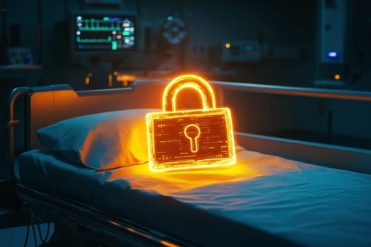 glowing padlock icon hovering over hospital bed soft blue tones subtle medical equipment in background digital security concept in healthcare setting..