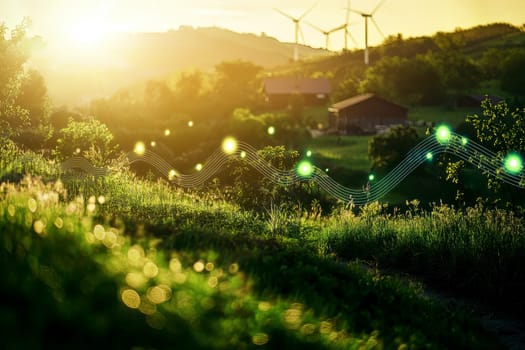 An energy report showing declining electricity prices due to green energy adoption, with wind turbines and solar farms in the background.