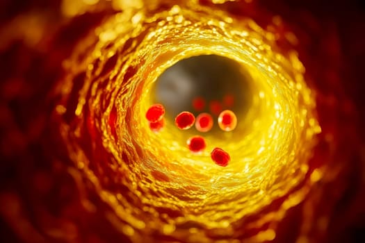 Clogged artery and atherosclerosis disease medical concept with a three dimensional human artery with blood cells that is blocked by plaque buildup of cholesterol. Generative AI. High quality illustration