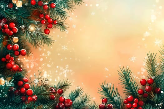 Christmas corner border of red and white baubles with tree branches on a rustic gray background..