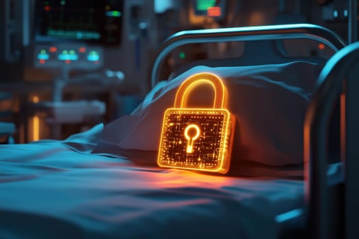 glowing padlock icon hovering over hospital bed soft blue tones subtle medical equipment in background digital security concept in healthcare setting..