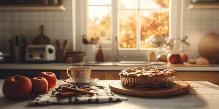 Cozy autumn kitchen scene with freshly baked pie and warm light.