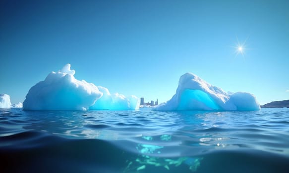 Large icebergs drift serenely on tranquil blue waters, reflecting the sunlight, with a distant city skyline visible on the horizon - Generative AI