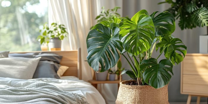 Cozy bedroom with monstera plant and natural lighting for tranquil ambiance.