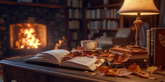 Cozy autumn evening in a study with crackling fireplace and warm ambiance.