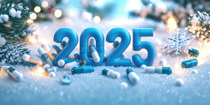 Festive 2025 new year design for pharmacy with winter theme and decorative pills.