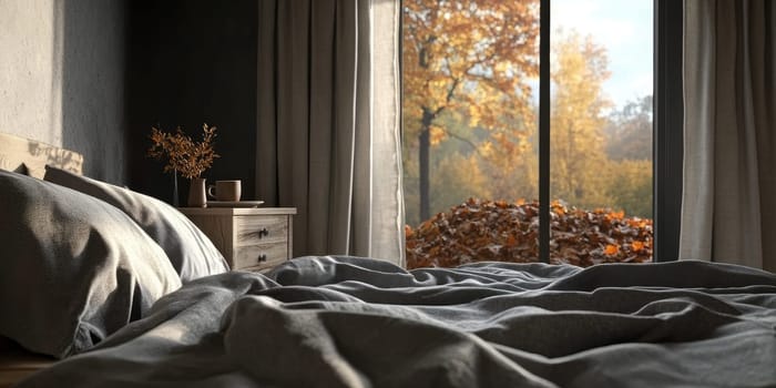Cozy autumn bedroom scene with soft flannel bedding and warm natural light.