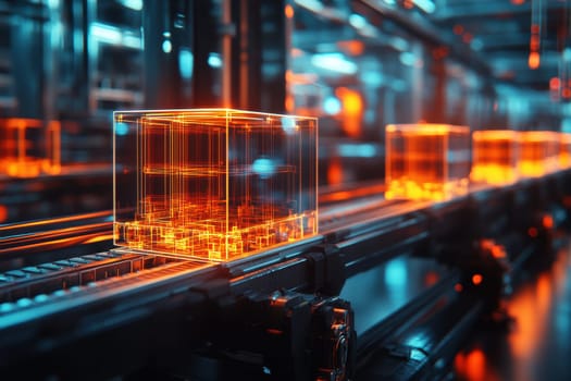 Smart warehouse management system using augmented reality technology to identify package picking and delivery . Future concept of supply chain and logistic busines.