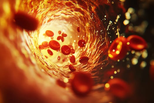 Clogged artery and atherosclerosis disease medical concept with a three dimensional human artery with blood cells that is blocked by plaque buildup of cholesterol. Generative AI.