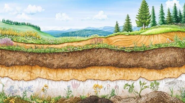 Illustration showing different layers of soil in cross section with groundwater and trees