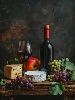 Ultra-realistic wine and cheese arrangement with grapes and fruit.