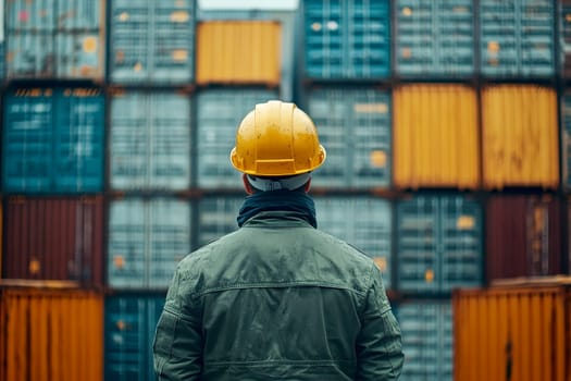 the logistic business owner is wearing a safety helmet in a cargo freight ship for import export container yard ..