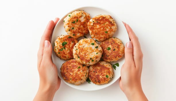 Woman holding a plate full of delicious, crispy fried crab cakes with fresh herbs