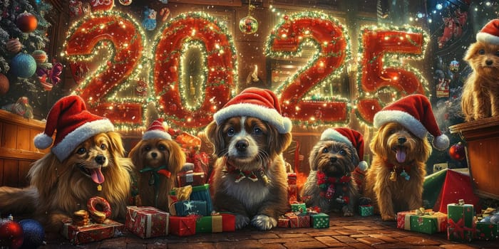 Festive 2025 pet shop design featuring adorable dogs in santa hats surrounded by lights and gifts.