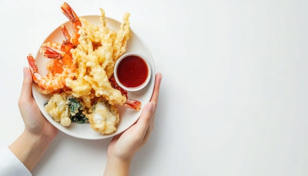 Woman is holding a plate of tempura shrimp and vegetables with a side of dipping sauce
