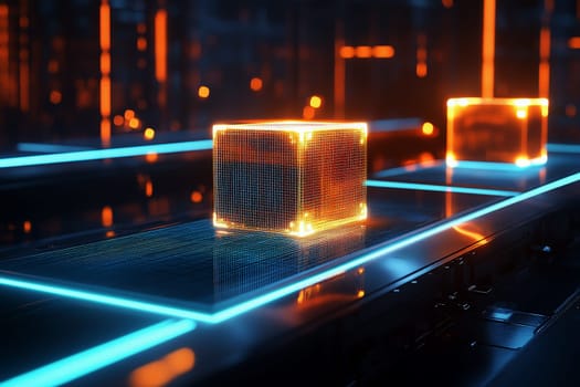 Smart warehouse management system using augmented reality technology to identify package picking and delivery . Future concept of supply chain and logistic busines.