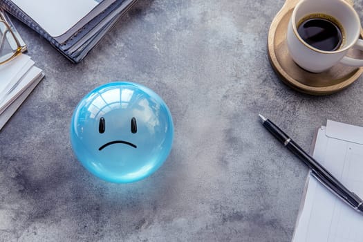 a sad face on blue bubble on office table top view, monday concept, modern office with ary, coffee background --ar 3:2 --v 6.1 Job ID: 760f01d1-ca8a-4789-92c6-d8bbf3b99860