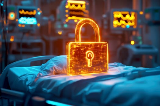 glowing padlock icon hovering over hospital bed soft blue tones subtle medical equipment in background digital security concept in healthcare setting..