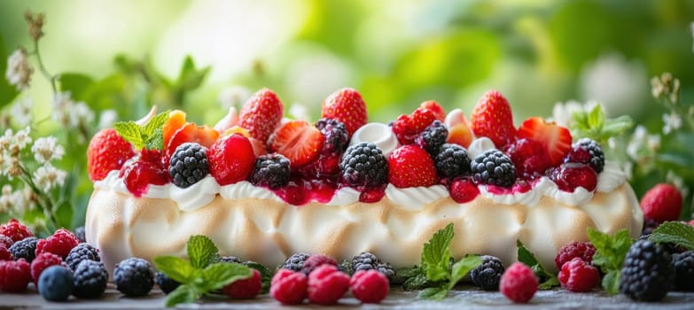 Meringue roll is decorated with whipped cream, fresh berries, mint and berry sauce on wooden table in the garden