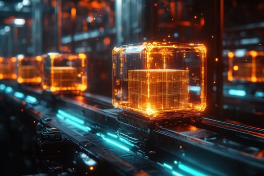 Smart warehouse management system using augmented reality technology to identify package picking and delivery . Future concept of supply chain and logistic busines.