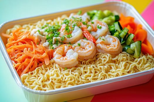 Instant noodles with shrimps and vegetables served in a takeaway tray, representing a quick and easy meal