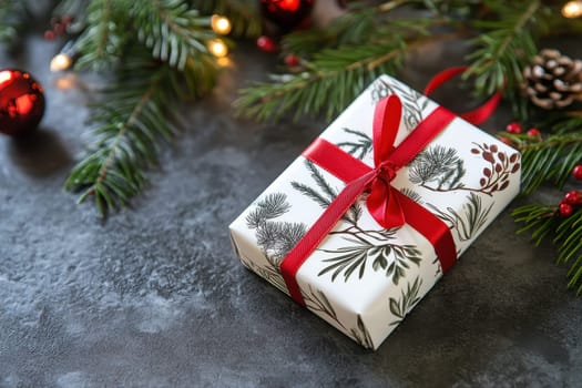 A white box gift on it is sitting on a background with pine needles and a Christmas tree ornament.