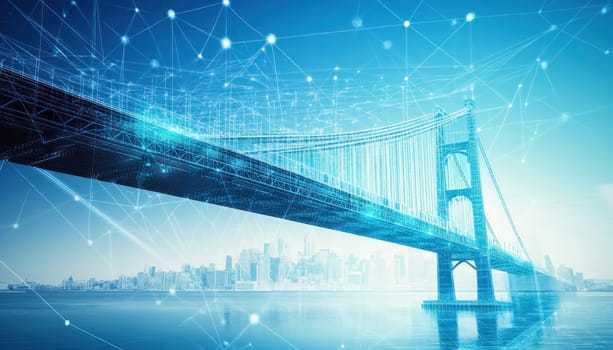 Suspension bridge graphic connecting city skyline with network representing technological advancement and innovation