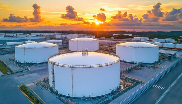 Large white industrial tanks for petroleum products storage in a refinery at sunset