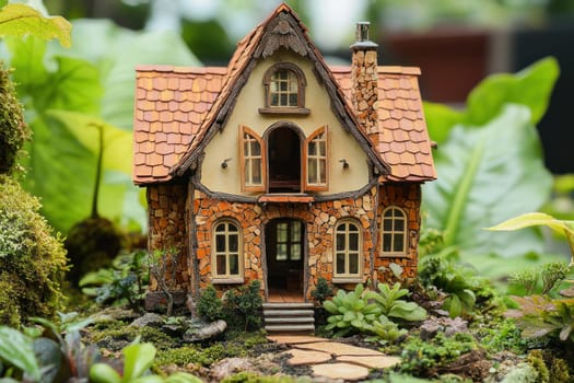 Charming miniature stone house with a tiled roof, nestled in a vibrant green garden setting, creating a whimsical and enchanting scene
