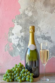 A bottle of champagne, a glass and a bunch of green grapes on a wooden table against a pink-gray textured plaster wall.