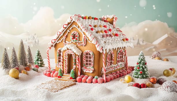 Beautiful gingerbread house with candy canes, icing, and gumdrops in a snowy christmas landscape