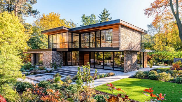 Beautiful modern luxury house with big windows surrounded by colorful trees and garden in autumn