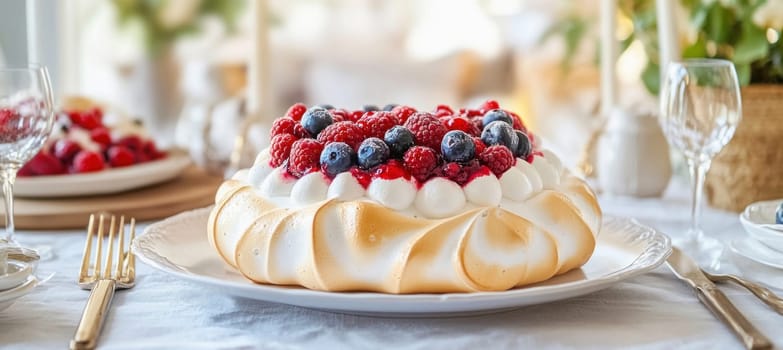 Pavlova cake sitting on a white plate, decorated with whipped cream and fresh raspberries and blueberries, ready to be served on a table