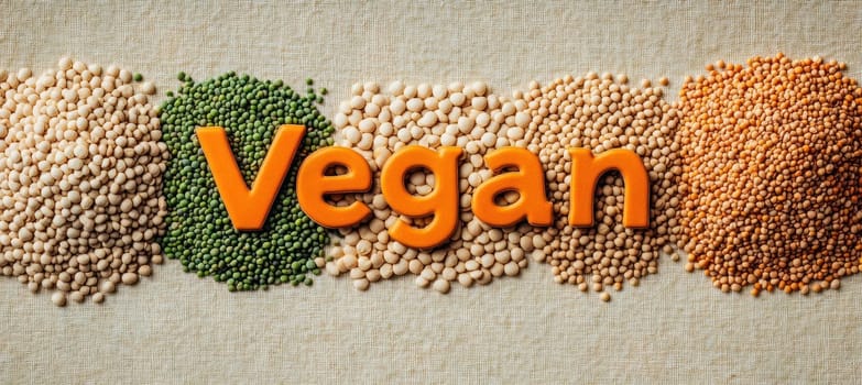 Orange vegan word made of plastic letters is surrounded by different kinds of legumes and cereals on canvas background