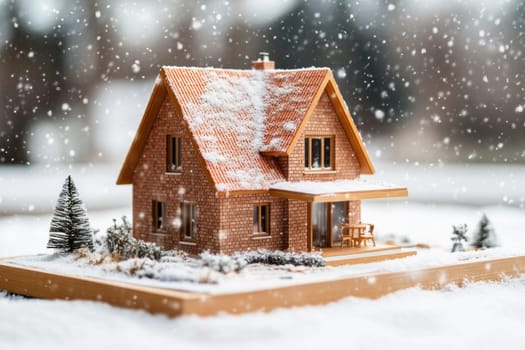 Small house model placed on snow covered surface during a snowfall with miniature trees and bushes, perfect for representing winter holidays