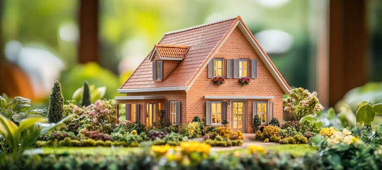 Small brick house model nestled in a vibrant, miniature garden landscape
